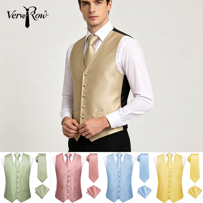 Pocket Square Set - VerveRow Heren Effen Satijnen V-hals Vest